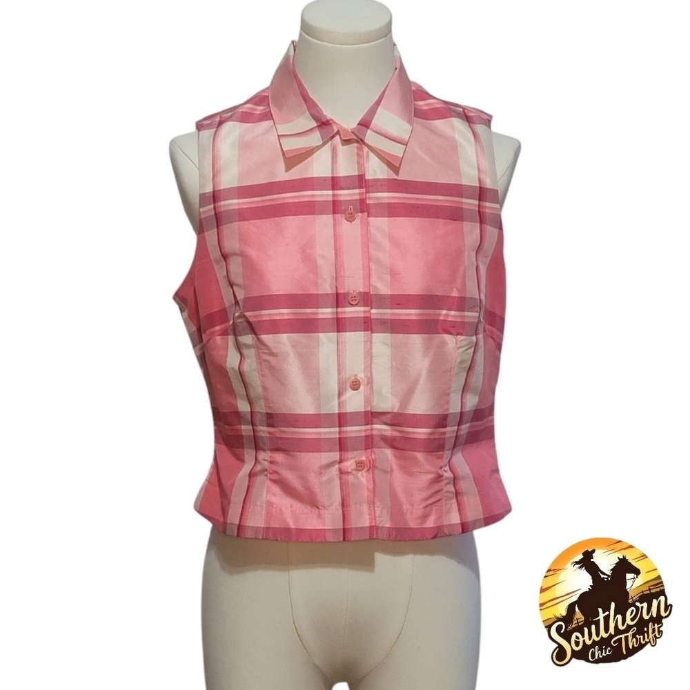 EMANUEL UNGARO -  Size 6 Pink Plaid Button Down Sleeveless Top